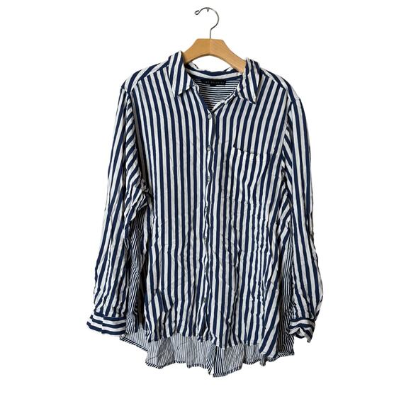 Jane + Delancey Plus 1X Blue White Stripe Button-Up Roll-Tab Sleeve Tunic Shirt - Picture 1 of 8